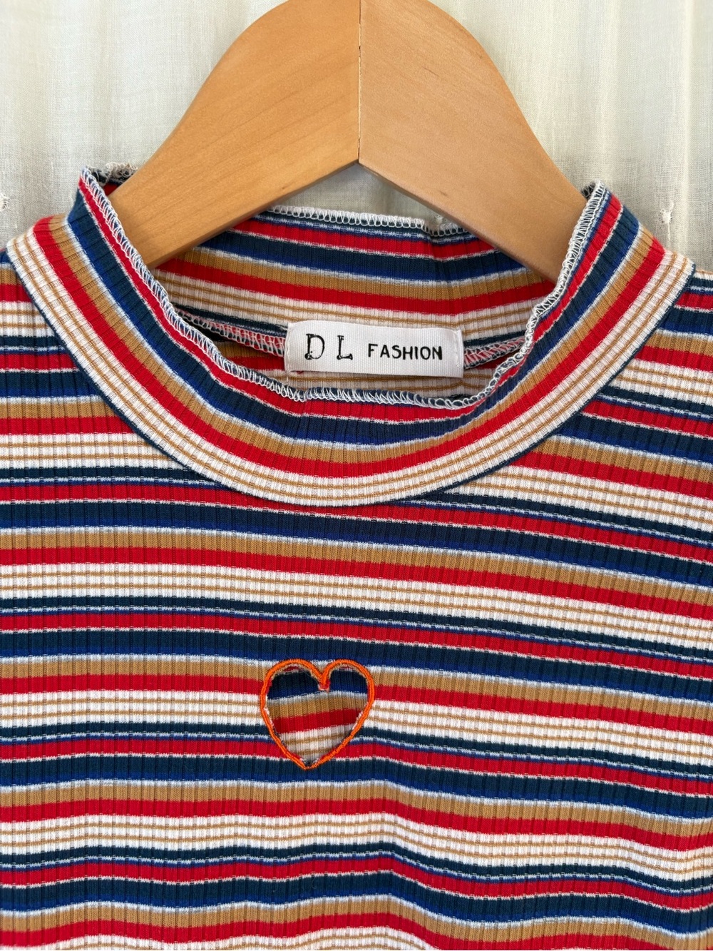 Y2K style Red Multi-Striped Ribbed Tee with Heart Cutout - Picture 2 of 5